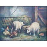 French School (early 20th century) Oil on canvas Farm scene with sheep and chickens, signed