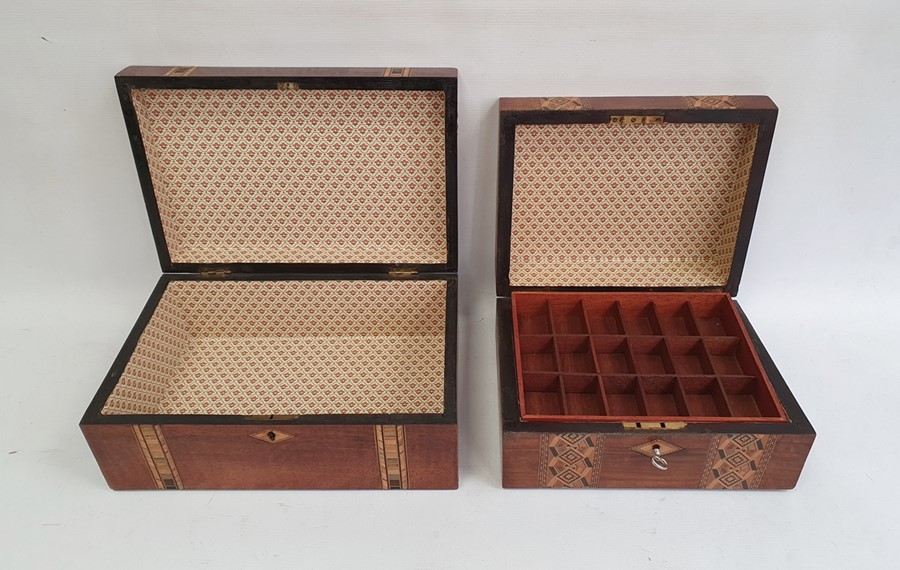 Victorian Tunbridgeware and walnut workbox with removable section tray, two bands of geometric - Image 2 of 23