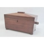 19th century mahogany sarcophagus-shaped tea caddy on squat bun feet, 21cm x 24cm