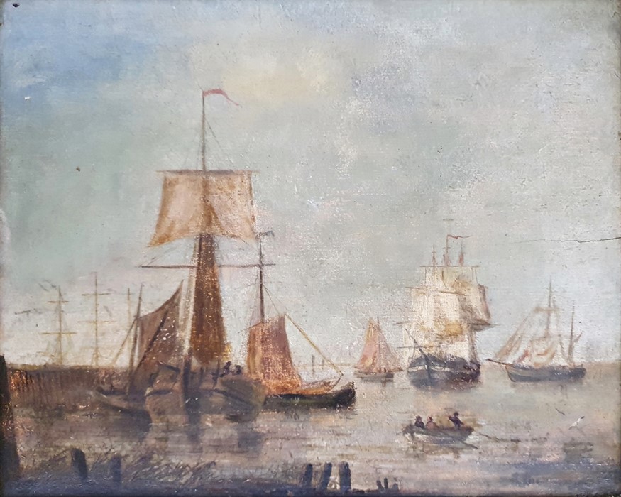 19th century school Oil on panel  Ships at harbourside with figures in a rowing boat Unsigned