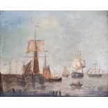 19th century school Oil on panel  Ships at harbourside with figures in a rowing boat Unsigned