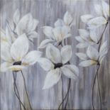 Contemporary textured print, flower scene in white and silver 91cm x 91cm