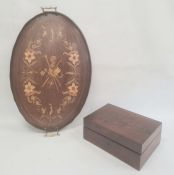 19th century marquetry inlaid twin handled tray, galleried top with instrument and foliate