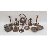 Victorian EPNS kettle and stand with naturalistic twig base, a large silver plated coaster with