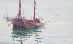 G B P S Lillingston (fl.1871-1899)  Watercolour drawing Moored sailing boat with two men in