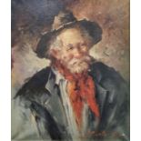 Early 20th century school Oil on canvas Head and shoulders portrait of a man in hat and red scarf