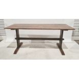 Pine rectangular trestle table on end supports united by stretcher, top 182cm x 65cm wide  Condition