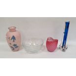 Pink and white satin glass vase with trefoil rim, 11cm high, an opalescent and moulded glass bowl