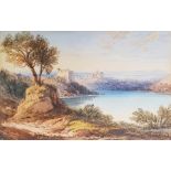 19th century school Watercolour drawing Mediterranean lakeside landscape with buildings on hills