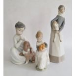 Lladro porcelain group of boy in nightshirt with puppy, 20cm high, Lladro girl with lamb and another