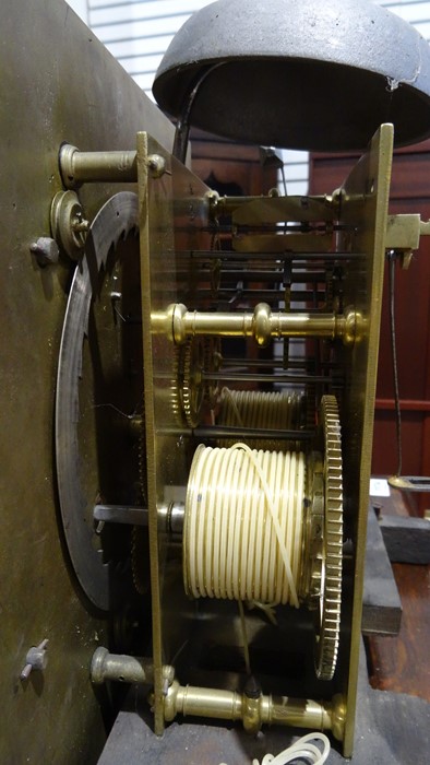 Oak longcase clock with raised pediment, having curved sides, three ball finials, square brass - Image 11 of 20