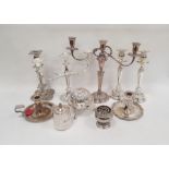 Silver plated three-branch candelabra, a large silver plated chamberstick and various other items
