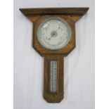 20th century oak aneroid barometer, geometric design 48cm