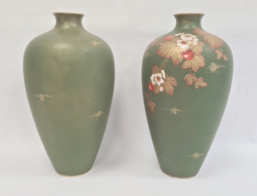 Pair Victorian Aesthetic movement earthenware vases, each of tall ovoid form, painted with