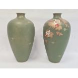 Pair Victorian Aesthetic movement earthenware vases, each of tall ovoid form, painted with