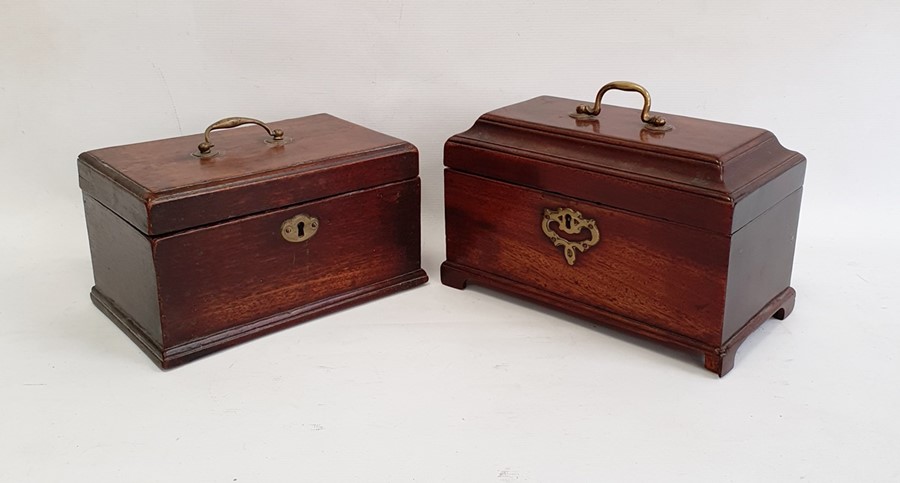 Georgian mahogany tea caddy with three section interior, brass handles to top, 23cm wide and another