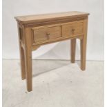 20th century oak hall table, the rectangular top with rounded front corners, above two drawers, on