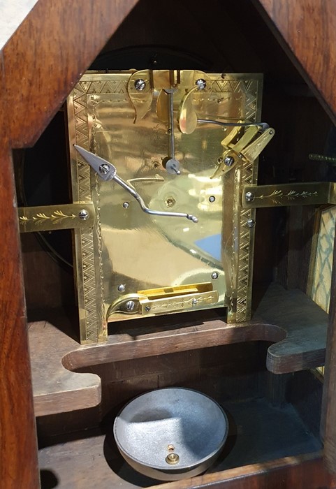 19th century rosewood bracket clock having pointed arched top and pointed square section finials, - Image 4 of 6