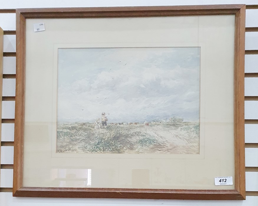 19th century (British school) Watercolour drawing Children in a windy landscape with cows in - Image 3 of 3