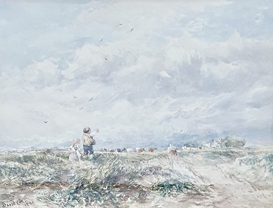 19th century (British school) Watercolour drawing Children in a windy landscape with cows in