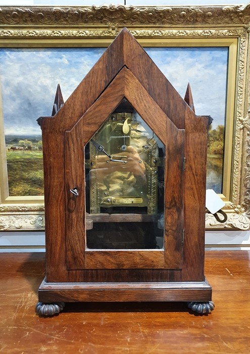 19th century rosewood bracket clock having pointed arched top and pointed square section finials, - Image 3 of 6