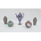 Group of five Chinese cloisonne vessels, 19th century, including a vase teapot in blue, 16cm high, a