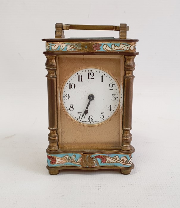 Early 20th century French miniature brass and enamel carriage timepiece with enamelled borders, 10.