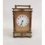 Early 20th century French miniature brass and enamel carriage timepiece with enamelled borders, 10.