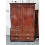 19th century converted mahogany linen press, the moulded cornice above two cupboard doors