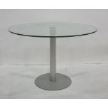 Circular glass-topped breakfast table, 109.5cm diameter on chrome pedestal and two modern circular