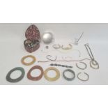 Basket of costume jewellery including wooden bangles, bead necklaces, a Swatch wristwatch etc.