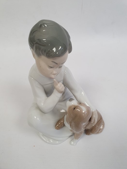 Lladro porcelain group of boy in nightshirt with puppy, 20cm high, Lladro girl with lamb and another - Image 11 of 15