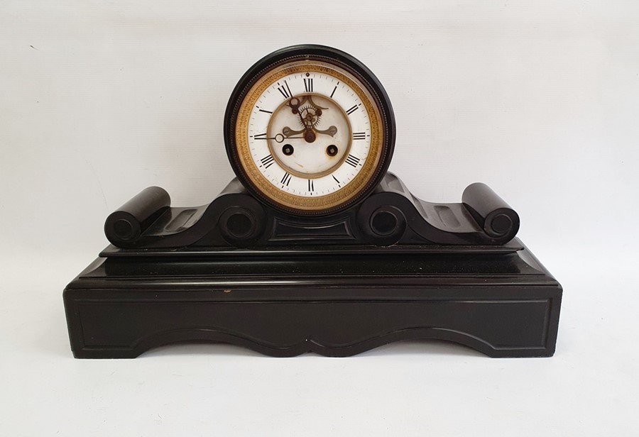 Victorian black slate mantel clock, drum-shaped movement, on scroll and shaped plinth base, with