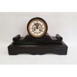 Victorian black slate mantel clock, drum-shaped movement, on scroll and shaped plinth base, with
