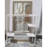 Rectangular mirror in gilt-effect frame and a white painted metal and tiled plant stand (2)