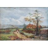 19th/20th century school Oil on canvas Cottage with figures on a path, unsigned, 24.5cm x 34.5cm
