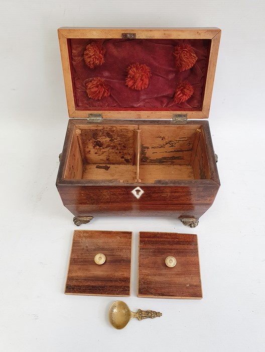 Georgian mahogany tea caddy, sarcophagus-shaped, pair brass floral basket and ring handles, fitted - Image 4 of 5