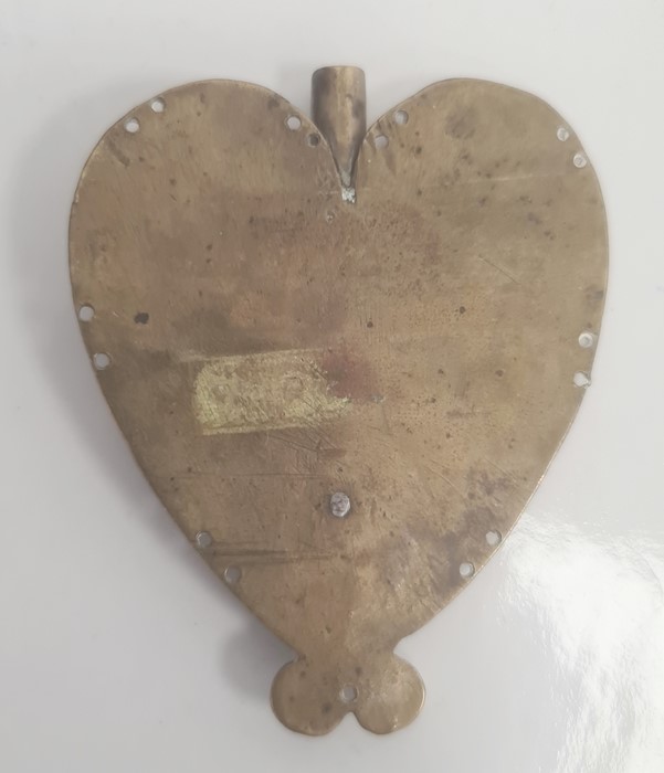 George III engraved brass knitting sheath, heart-shaped and engraved ‘Polley Heath’ and dated - Image 2 of 2