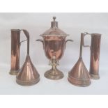 Brass copper urn-shaped samovar, two large copper funnels and two copper and brass specific