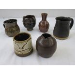 Winchcombe pottery brown glazed miniature vase, marked to base, two studio pottery tankards and