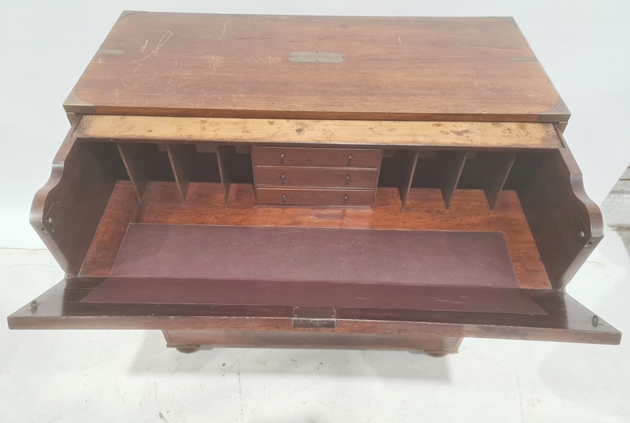 Late 19th century secretaire campaign chest, the rectangular top with brass bindings and plaque - Image 3 of 9