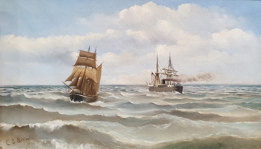 C.E.Benington (19th century)  Oil on canvas Ships at sea Signed and dated lower left 1896 29.5cm x