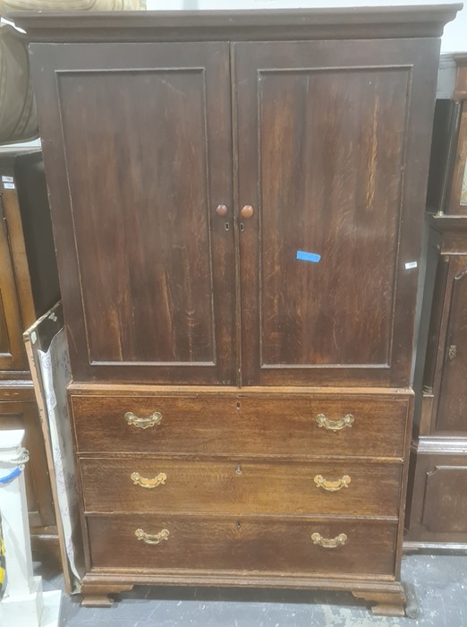 19th century oak linen press, moulded cornice with two cupboard doors enclosing open space (no