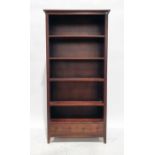 Modern mahogany open bookcase with single drawer under, 89cm x 185cm