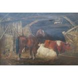 British School (19th century) Oil on canvas Farm barn with horse, cattle and chickens, signed