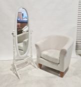 Modern cream ground tub chair and a cheval mirror (2)