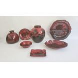 Collection of Royal Doulton flambe ware to include a ginger jar with cottages in river landscape,