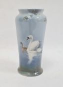 Royal Doulton Titanian ware tapering cylindrical vase, circa 1920, painted with a swan and a cygnet,