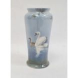 Royal Doulton Titanian ware tapering cylindrical vase, circa 1920, painted with a swan and a cygnet,