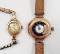 9ct gold half-hunter strap watch, the exterior case with enamelled dial (damaged), the interior